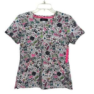 Koi Lite Womens Scrub Top S White Pink Fun Print Short Sleeves Zipper Pockets